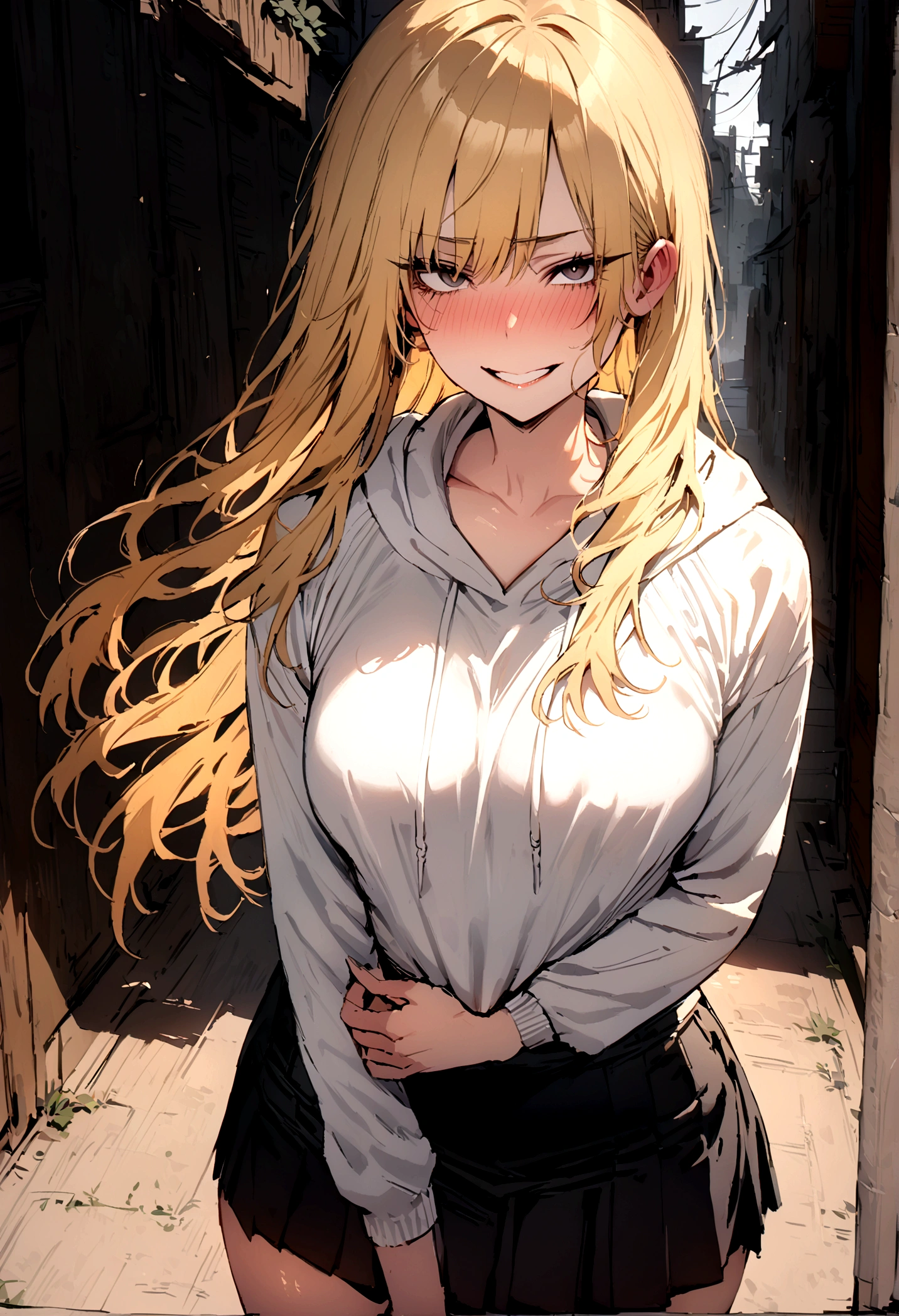 masterpiece, best quality 1girl, solo, beautiful woman, blond hair, long hair, dark brown eyes, deep blush, grin, medium breasts, white hoodie, short black skirt, plated skirt, looking at viewer