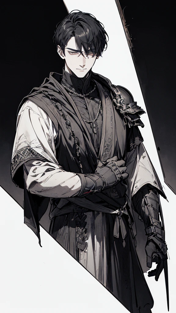 Best quality, (background_detail), high_contrast, detail_original_illustration, warrior, muscular, villain face, armored, full_body, medieval, crease between eyes, young man, man in 20s, dark_stitch_landscape, (dramatic_lighting:1. 25), (shaded_background:1.2), black_hair, (short black hair:) 1.1 ), Large figure, Delicate face, Evil smile, Sharp eyes, Black background, (Black background:1.5), Beautiful line drawing, Black and white