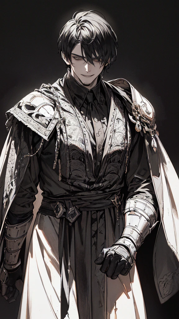 Best quality, (background_detail), high_contrast, detail_original_illustration, warrior, muscular, villain face, armored, full_body, medieval, crease between eyes, young man, man in 20s, dark_stitch_landscape, (dramatic_lighting:1. 25), (shaded_background:1.2), black_hair, (short black hair:) 1.1 ), Large figure, Delicate face, Evil smile, Sharp eyes, Black background, (Black background:1.5), Beautiful line drawing, Black and white