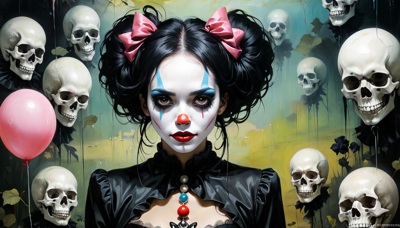 spiderwebs, skulls, wallpaper, there is ugliness in beauty, but there is also beauty in ugliness. desolate, abstract, surrealistic, cotton candy, swamp, funeral, futuristic,in the style of adrian ghenie, esao andrews, jenny saville, edward hopper, surrealism, dark art by james jean, takato yamamoto, inkpunk minimalism, voodoo princess with black hair and black eyes, skinny and extremely beautiful face, creepy clowns in the background