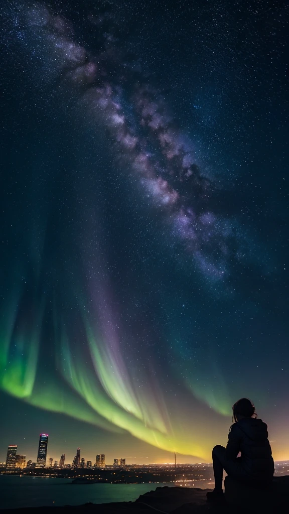 Masterpiece, best quality, 1girl, octane rendering, from distance, at night, sitting and staring at the sky, from behind, city, cityscape, bright city lights, full of stars, shooting stars, milky way, aurora borealis, silhouette