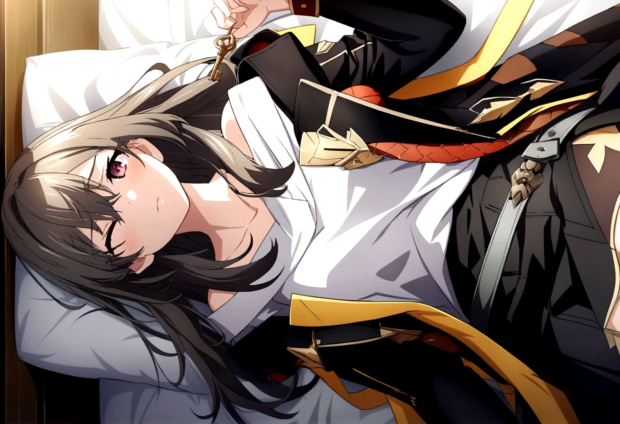 anime girl lying in bed with eyes closed and hand on chest, from front line girls, front line girls style, fine details. front line girls, front line girls cg, front line girls universe, female anime character, visual anime of a cute girl, portrait, Knights of the Zodiac, , front line girls, attractive anime girl, Detailed anime character art, naughty anime girl, Detailed key anime art