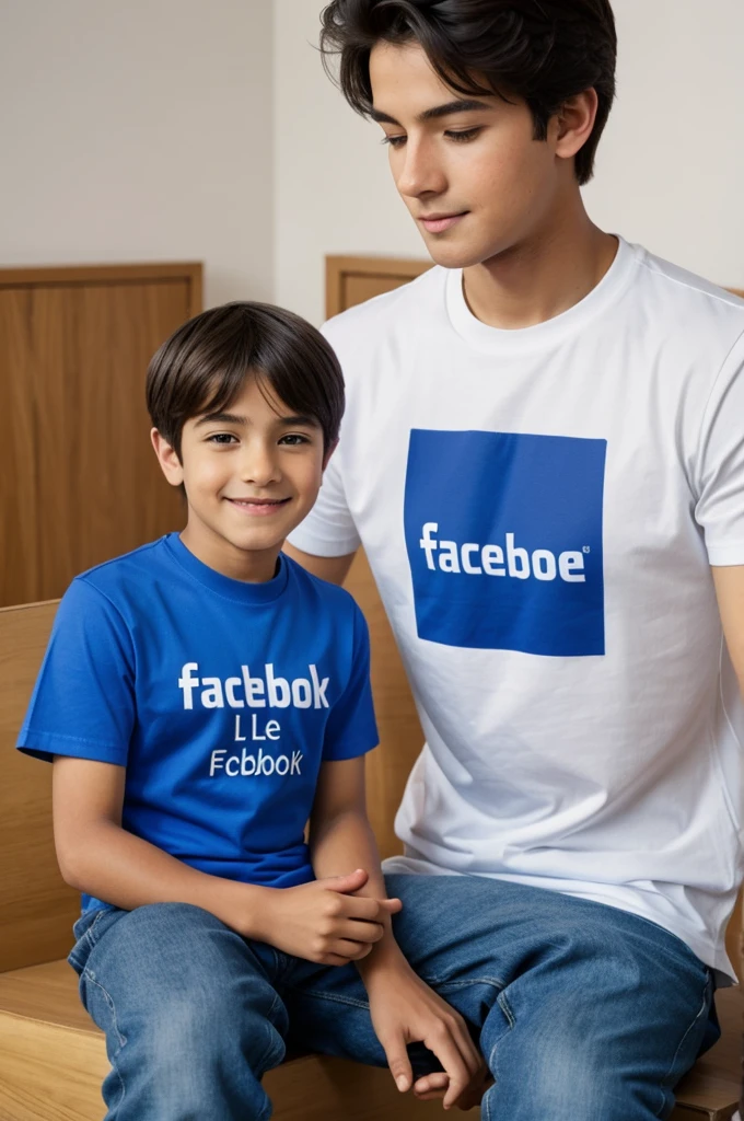 A boy sits on the Facebook logo and his T-shirt reads Le Morsalin