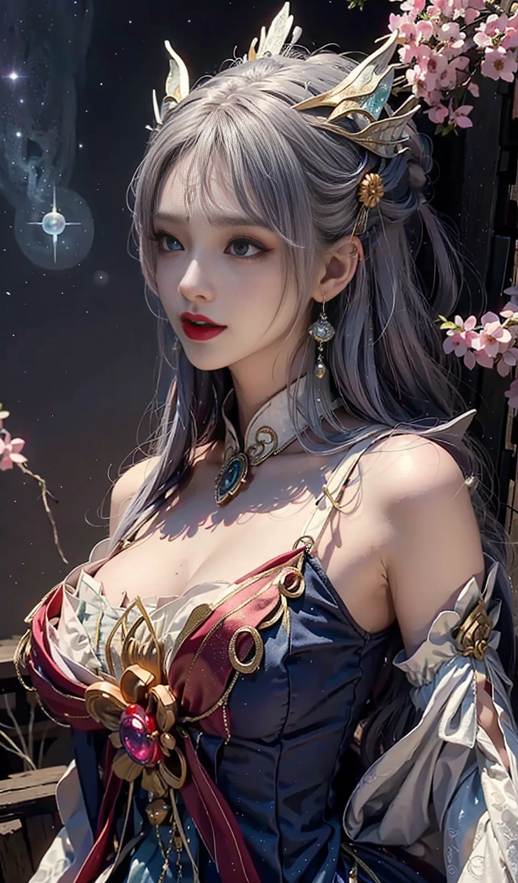Close-up of a woman in costume on stage, Whole body xylose, Beautiful celestial mage, a stunning young ethereal figure, beautiful fantasy empress, astral witch clothes, shaxi, flowing magical robe, Hanfu Blanco, xianxia fantasy, belle delphine, Ethereal fantasy, elegant glamourous cosplay, heise jinyao，((Top-down view))，((Lie flat))，Lie flat on the ground,Lips wear thick red lipstick