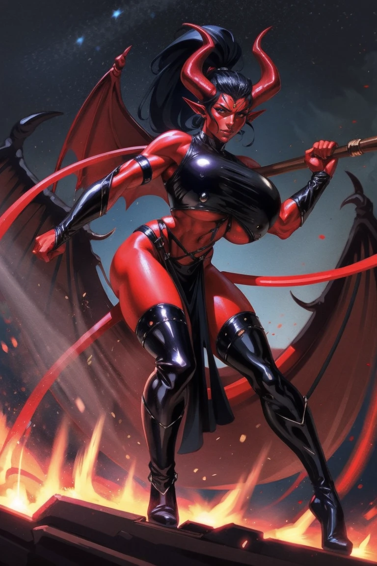 Red skin succubus tiefling, large breasts, black horns, wings, huge tail, black leather, crop top, long flowing pelvic curtain, tall, toned, graceful, thin, long black ponytail. Action scene, whip. Dark scene, explosions, night sky.