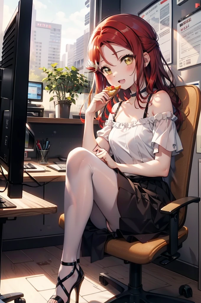 rikosakurauchi, Riko Sakurauchi, (Brown eyes:1.5), Hair between the eyes, Long Hair, (Redhead:1.5), (Small breasts:1.2), smile,blush,Open your mouth,Cold Shoulder Shirt,Short sleeve,Long skirt,Black pantyhose,Stiletto heels,Sitting in a chair,is holding a sandwich with both hands and eating it,There is a computer and a sandwich on the table.,interior,So that the whole body goes into the illustration,
break looking at viewer, 全身
break outdoors, office,
break (masterpiece:1.2), Highest quality, High resolution, unity 8k wallpaper, (figure:0.8), (Beautiful attention to detail:1.6), Highly detailed face, Perfect lighting, Highly detailed CG, (Perfect hands, Perfect Anatomy),