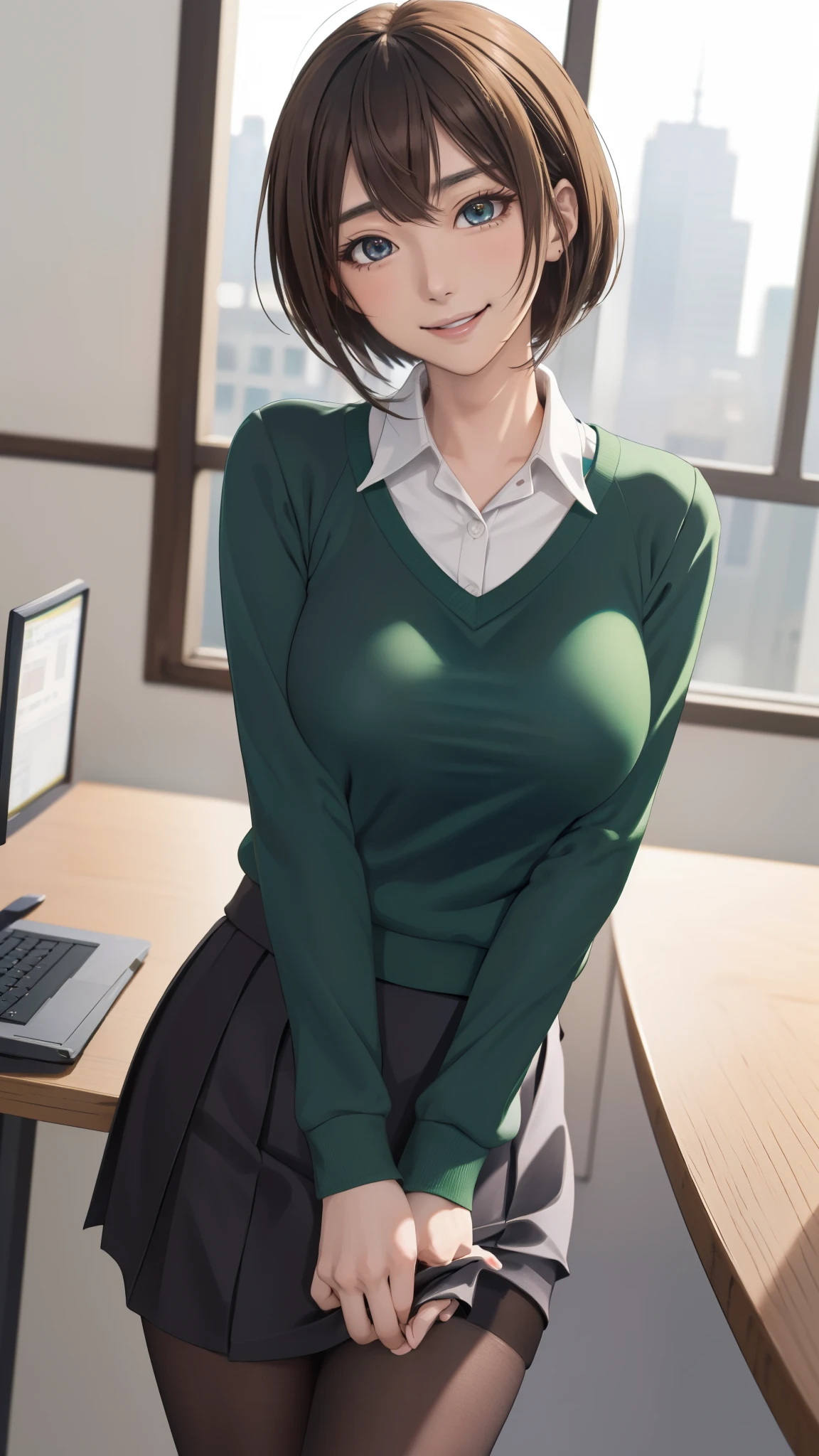 2D, masterpiece, highest quality, anime, highly detailed face, highly detailed eyes, highly detailed background, perfect lighting, whole body, 1 girl, alone, Harusaki Nodoka, collared shirt, Green sweater, black skirt, pantyhose, ID card, embarrassing, smile, Are standing, office 