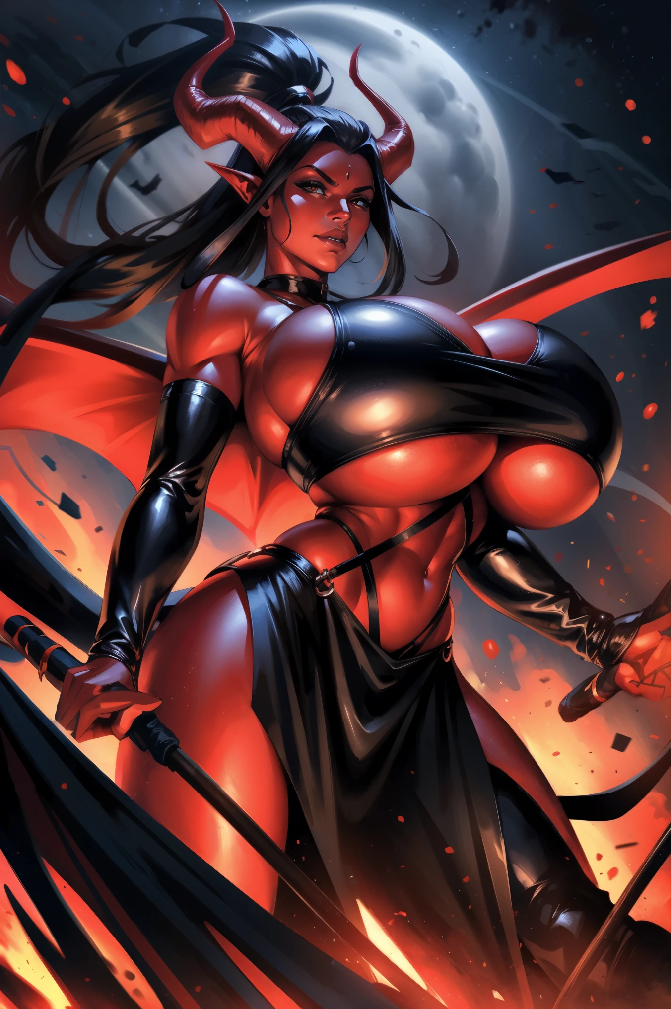 Red skin succubus tiefling, large breasts, black horns, wings, huge tail, black leather, crop top, long flowing pelvic curtain, tall, toned, graceful, thin, long black ponytail. Action scene, whip. Dark scene, explosions, night sky.
