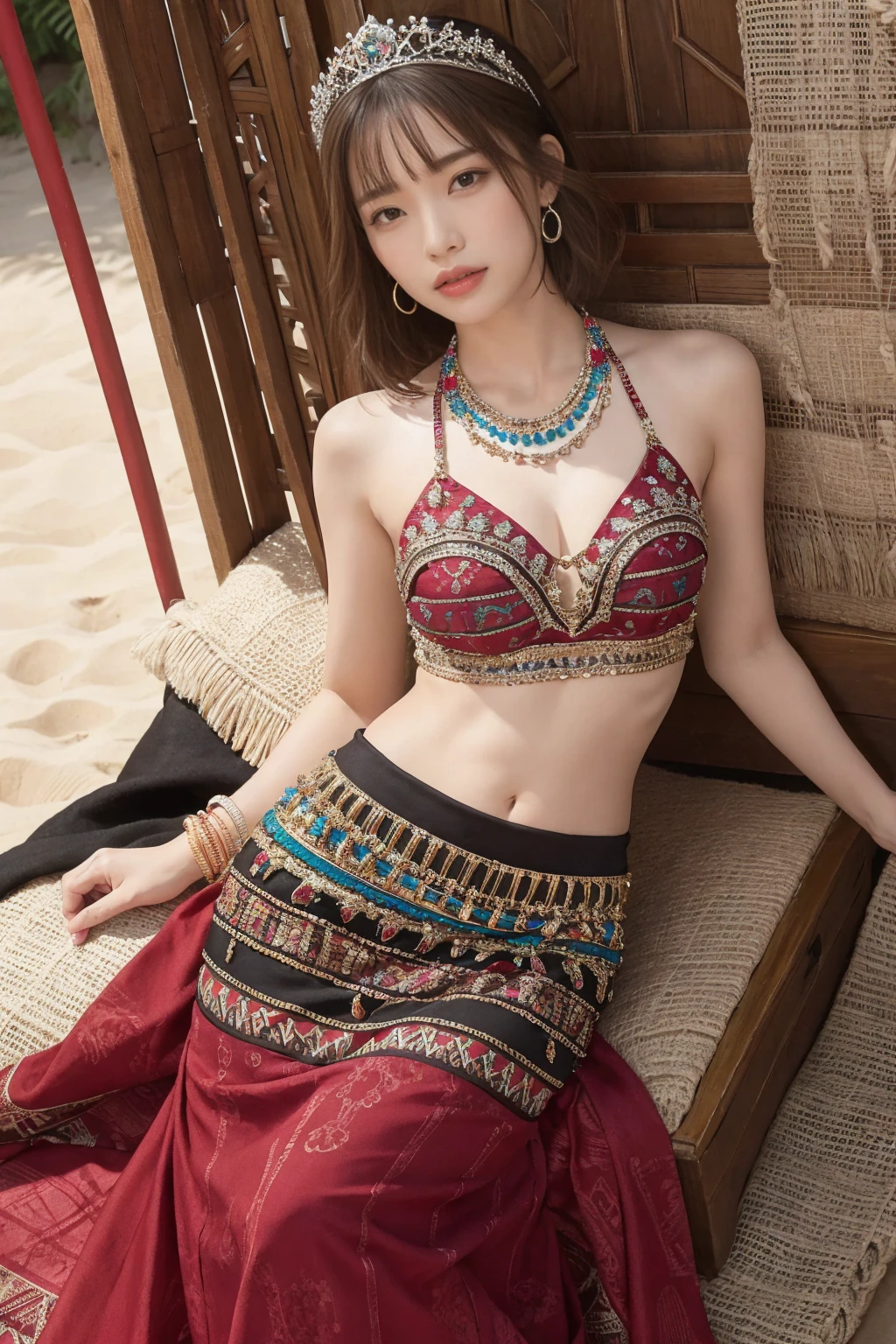 (One woman), short bob, 28 years old, Japanese, brown eyes, brown hair, slim figure, flat chest, flushed, flushed cheeks, flushed face
Break
BREAK
//Fashions 
Tribal Beach Queen in Beaded Top and Maxi Skirt
This outfit features a beautifully beaded top with intricate tribal patterns in vibrant colors, The top is designed with a halter neckline and detailed beadwork that forms traditional motifs, creating an eye-catching focal point, It is paired with a flowing maxi skirt made of lightweight fabric in a complementary color, with subtle tribal prints running along the hem, 
BREAK
The skirt has a slight flare and an elegant drape that adds to the regal appearance, The ensemble is adorned with a magnificent tribal crown crafted from feathers, beads, and natural elements, symbolizing the queen's status, 
BREAK
Accessories include layered necklaces, chunky bracelets, and ornate earrings, all featuring tribal designs, The look is completed with strappy sandals and a decorated pouch, embodying the elegance and majesty of a tribal beach queen,
BREAK