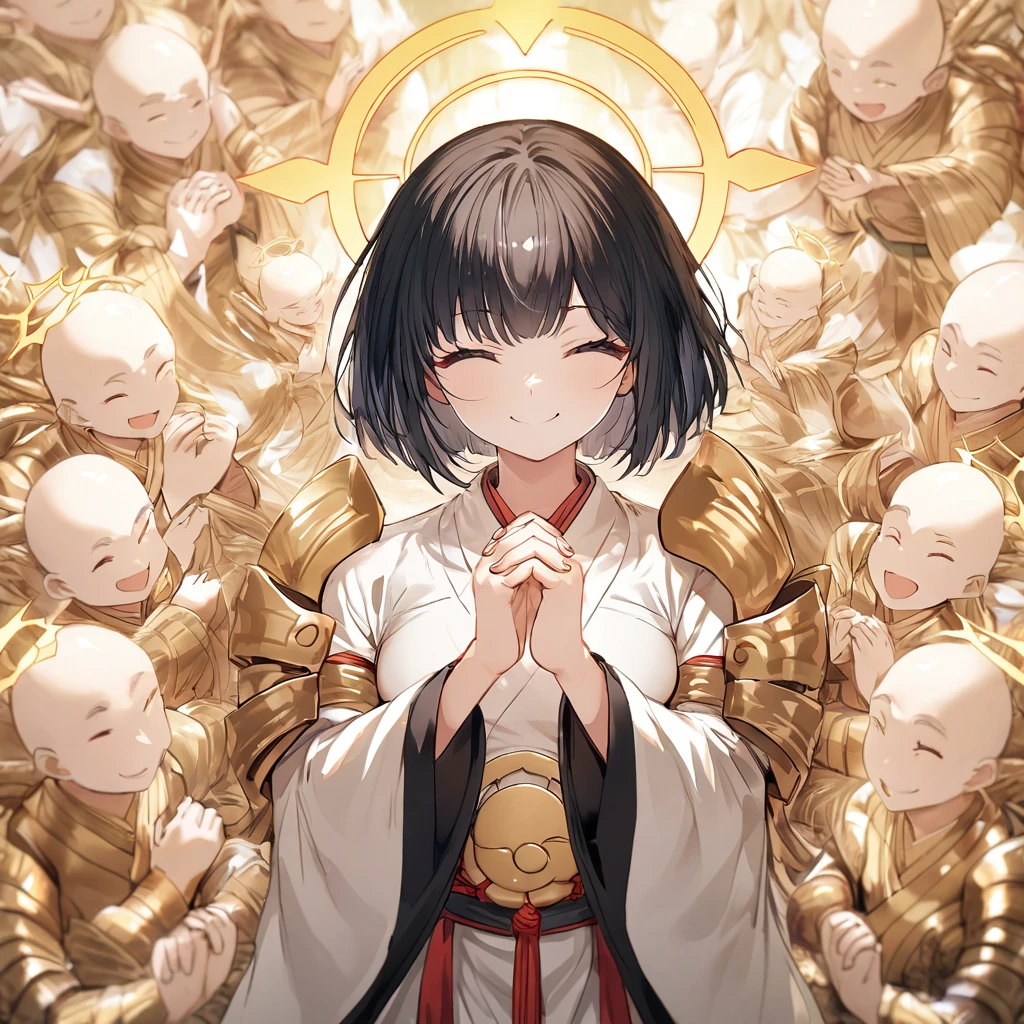 Thousand-Armed Kannon Bodhisattva Golden Halo Smiling Hands together in prayer Black hair