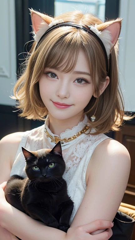 ((Highest quality、masterpiece、High resolution))、(((Zoom photo of upper body))、(A shy smile:1.2)、Light shines in、15-year-old female、Beautiful Skin、Beautiful Eyes、Cat Ear Headband、one piece、Blonde