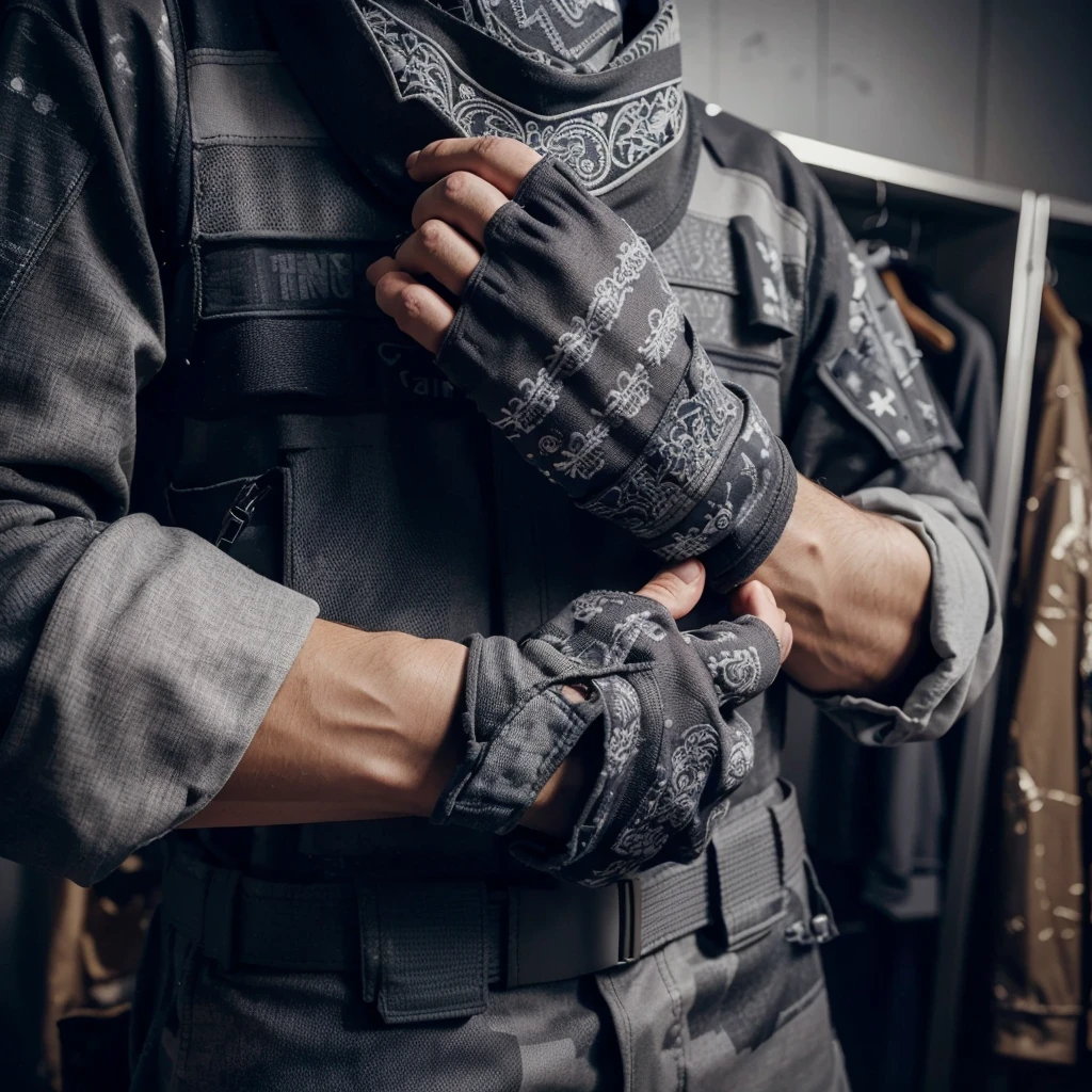 the hand of a man who is taking a hat, the arm is wearing a long-sleeved gray paintball uniform, the background is blurry in a paintball costume changing room decorated in gray, realistic, cinematic, very detailed, intricate design