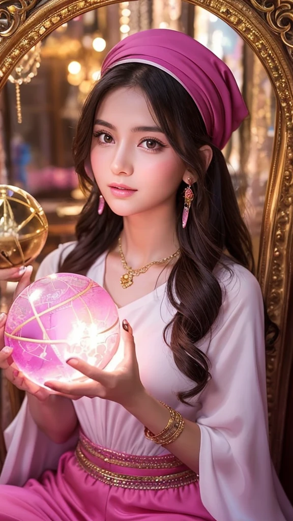 Beautiful gypsy woman tarot card fortune teller、young woman、Looking at me through a shiny crystal ball the size of a basketball、Cute pink outfit、looking at the camera、The background is a fortune-telling parlor、Held with both hands