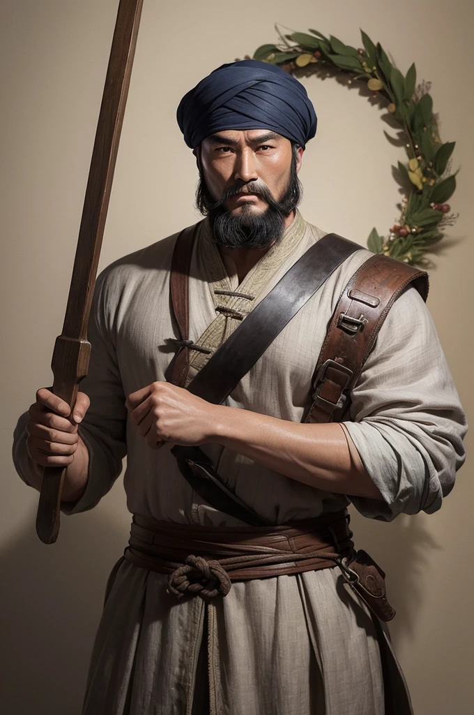 beared man, Cao Cao, with a gigantic meat hammer on his shoulder, and linen clothes, with a wreath on his head