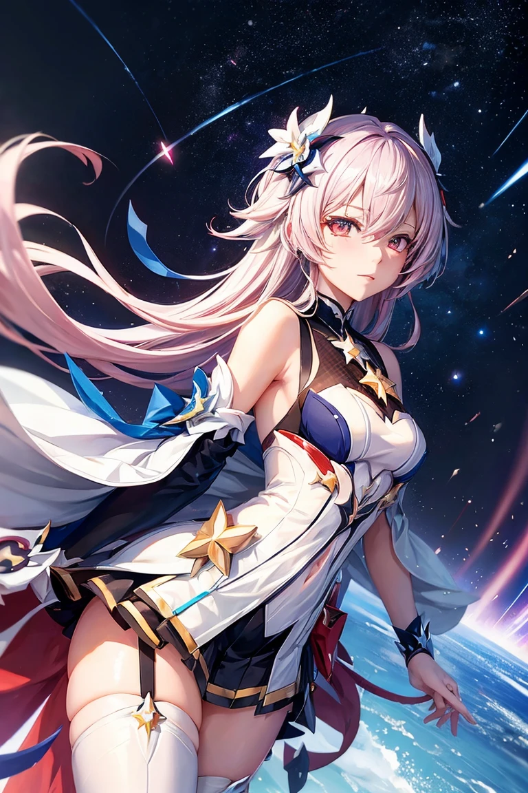 A high resolution, ultra - detailed, Maiden from above, galactic, afloat