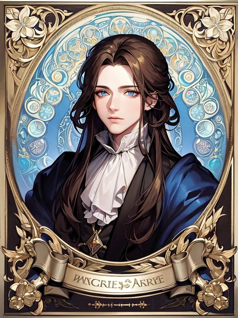 Portrait of Christopher Marlowe, extremely detailed face, white skin, piercing icy blue eyes, silky golden-brown hair, refined features, charp jawline, clean shaved, black Elizabethan velvet jerkin, white laced shirt, Art Nouveau style, Mucha style, Mucha background, realism, high quality