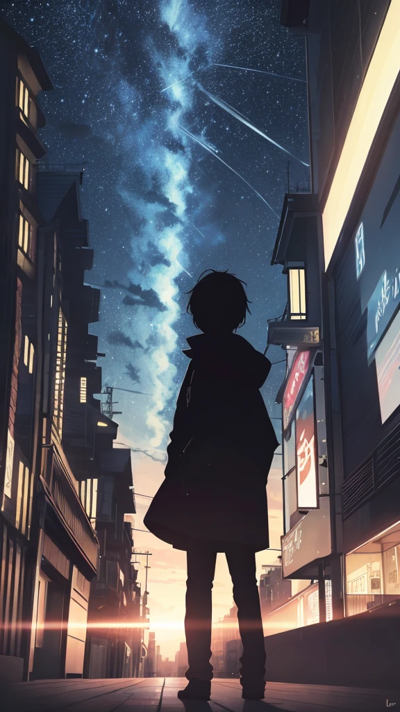Anime,silhuette,1boy, Star (skyporn), cloud, Cityscape, building, city, Outdoors, Skyscraper, City lights, Night, ночное небо, закат, линия горизонта, грезы