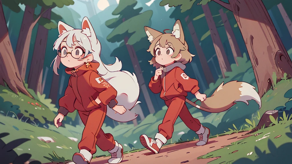 (Masterpiece:1.2), (Best Quality:1.2), Perfect eyes, Perfect face, perfect lighting, 1 girl with fox ears and tail, red sport tracksuit, red rimmed glasses, eyes yellow, gray hair, walking in the woods at night