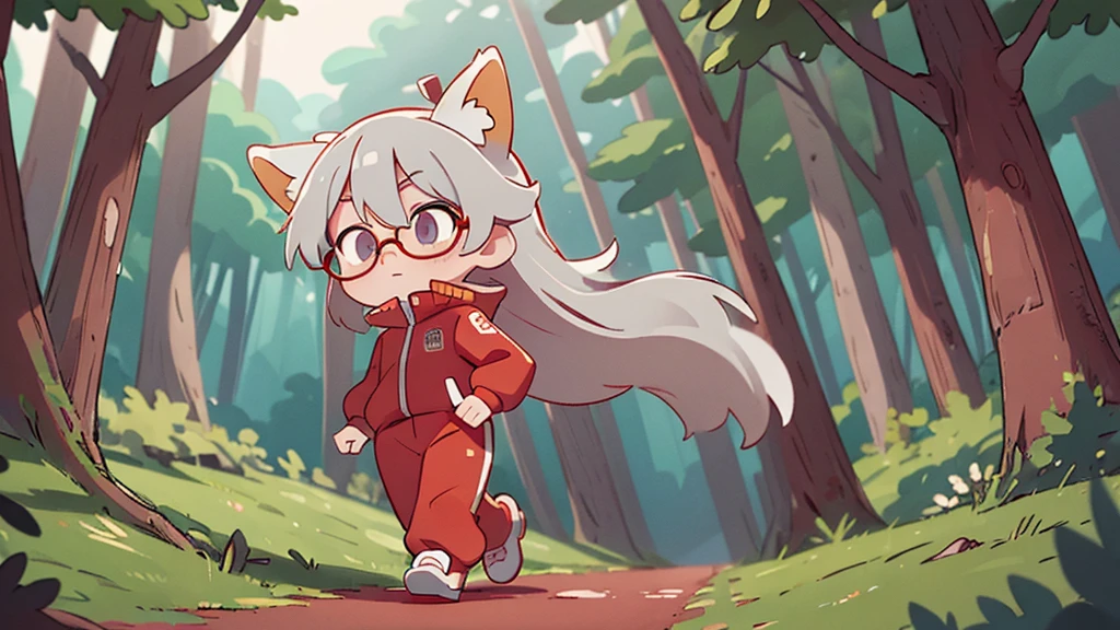 (Masterpiece:1.2), (Best Quality:1.2), Perfect eyes, Perfect face, perfect lighting, 1 girl with fox ears and tail, red sport tracksuit, red rimmed glasses, eyes yellow, gray hair, walking in the woods at night