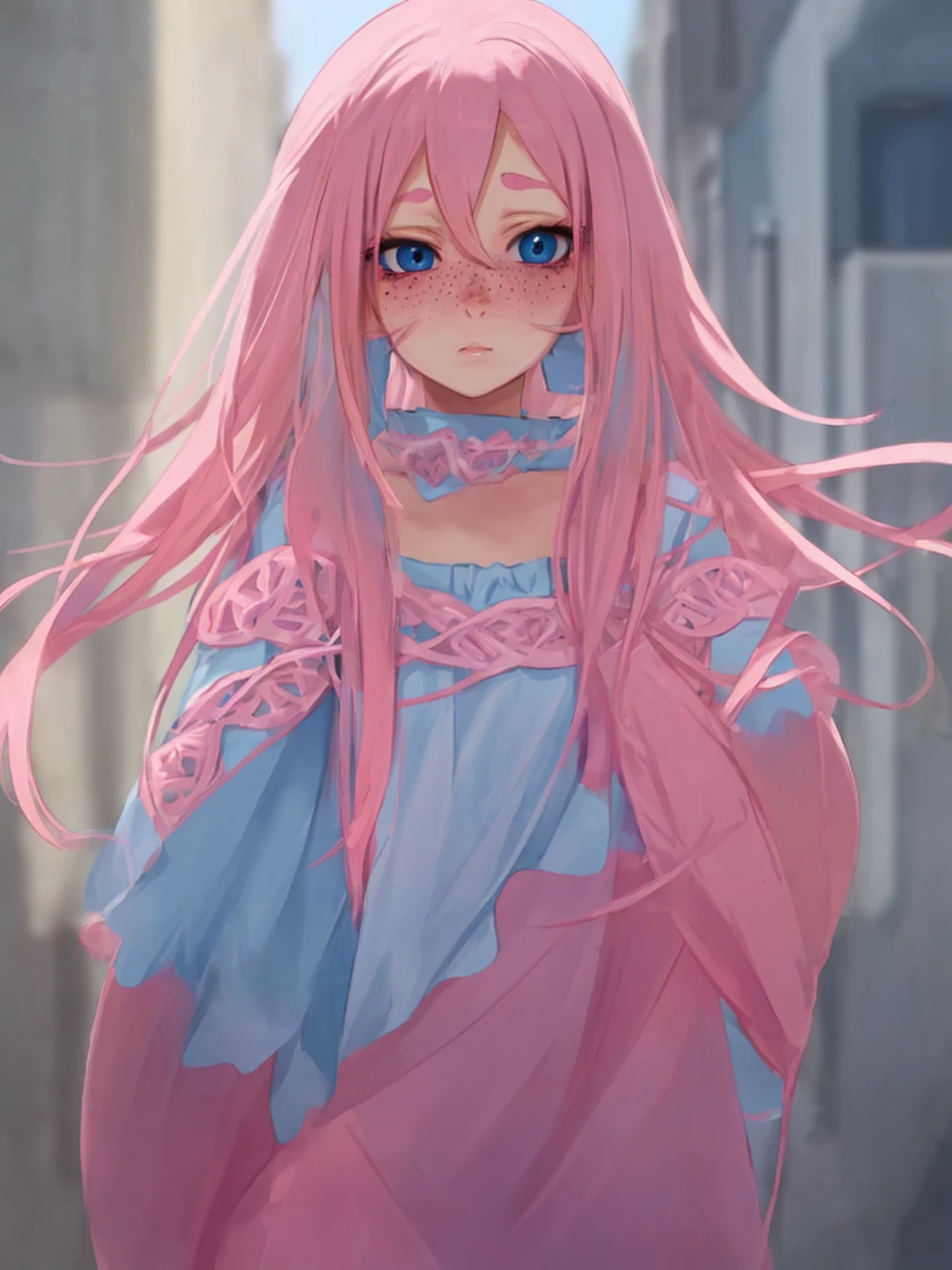 Pink hair blue eyes freckles blush across her nose looking at viwer full body anime style art