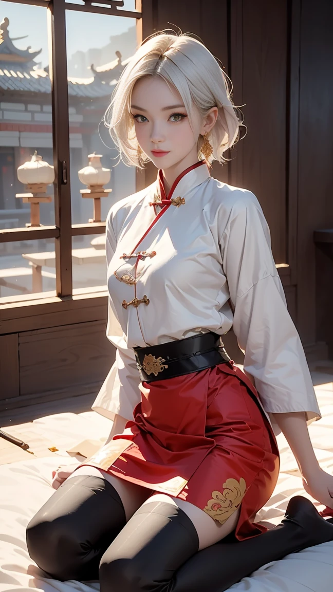 A very beautiful 19-year-old woman, (white hair:0,5), bob haircut, short hair, (yellow eyes:0.5) bright golden eyes, red nails, young beautiful face, muscular, slim but well-proportioned body, perfect white skin, highly detailed drawing, realistic face. (((Wearing traditional Chinese imperial clothes black,))) ((red skirt with contour golden,)) (with red Hanafuda earrings,) (garterbelt black thigh-high socks.) Kneeling on a white bed in an ancient Chinese room, with a full moon and stars visible through the window, with light flashes reflecting on her body. 4k anime art, perfect lighting.