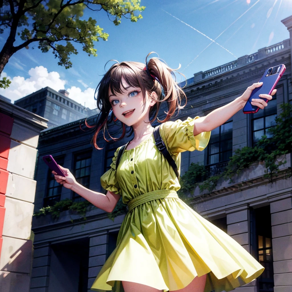 8k, masterpiece,a girl roaming in the park,day time,taking a selfie around greenery trees,smile on face,clear face and perfect symmetry,wear normal small cute dress,half image.