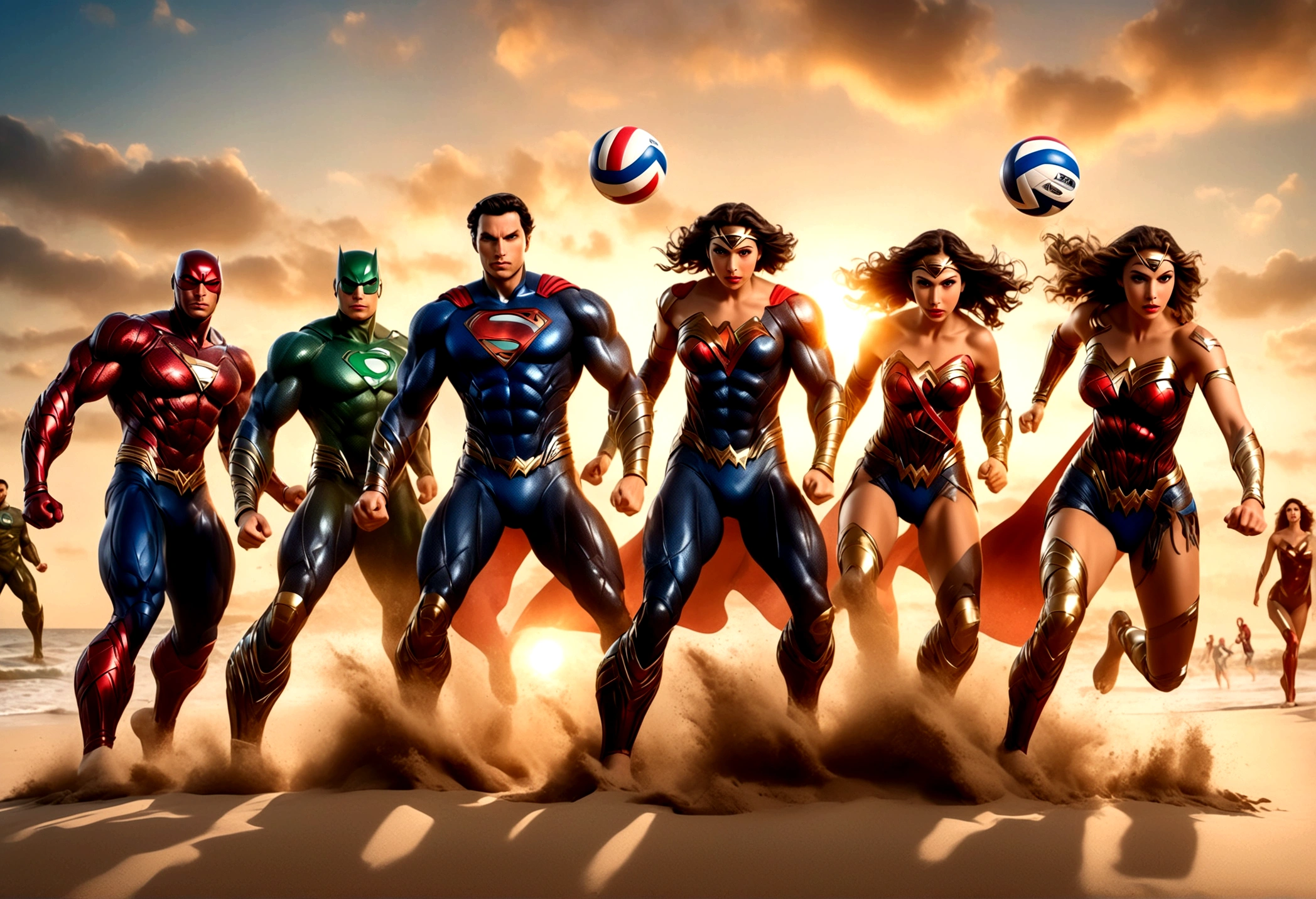 a group of superheroes playing volleyball on a beach, DC justice league vs marvel avengers, 5 players per team, relaxing super costumes, (best quality,4k,8k,highres,masterpiece:1.2),ultra-detailed,(realistic,photorealistic,photo-realistic:1.37),dramatic lighting, beautiful detailed eyes, beautiful detailed lips, extremely detailed eyes and face, long eyelashes, muscular athletic bodies, flying sand, ocean waves, golden sunset sky, vibrant colors, dramatic action poses