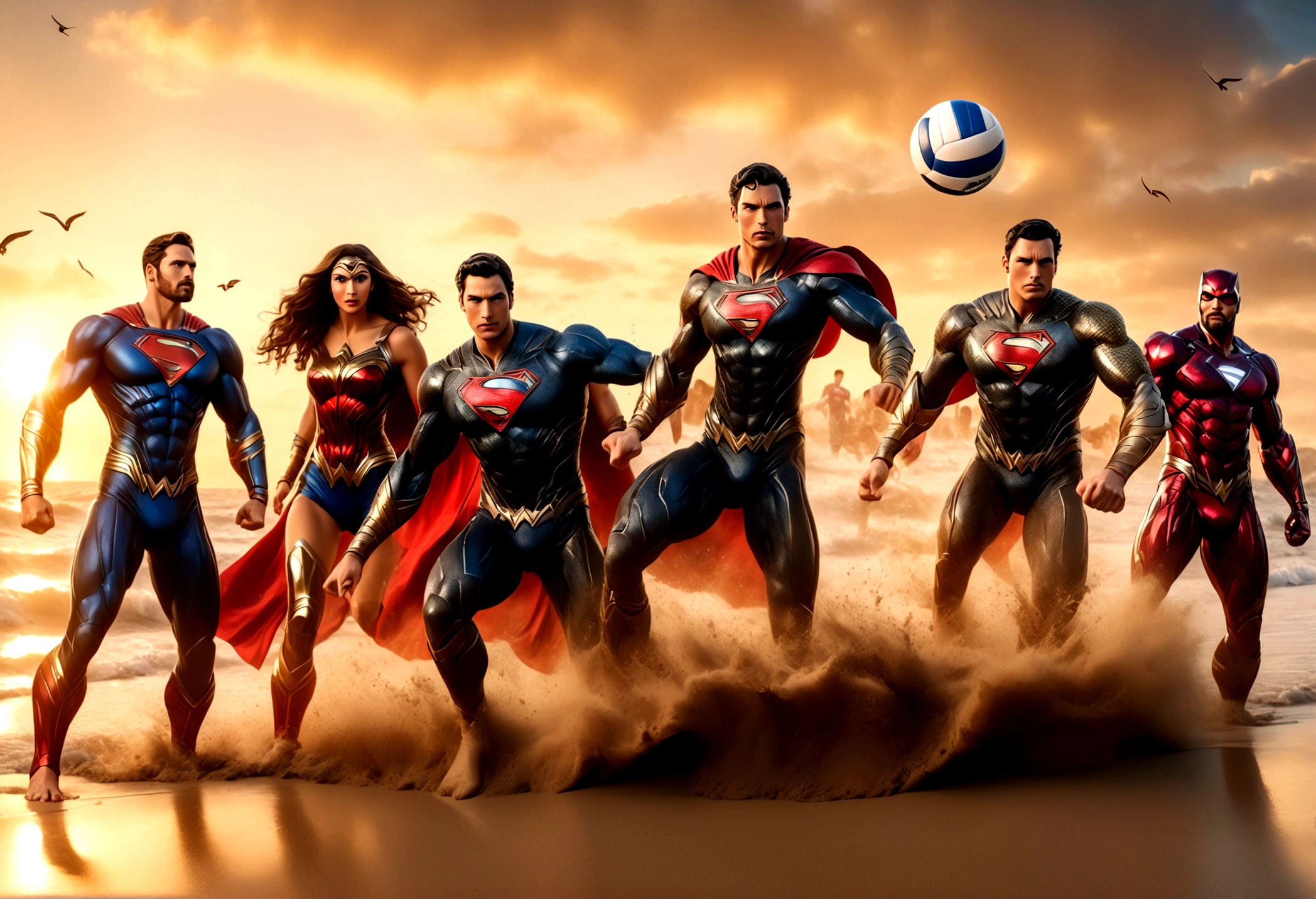 a group of superheroes playing volleyball on a beach, DC justice league vs marvel avengers, 5 players per team, relaxing super costumes, (best quality,4k,8k,highres,masterpiece:1.2),ultra-detailed,(realistic,photorealistic,photo-realistic:1.37),dramatic lighting, beautiful detailed eyes, beautiful detailed lips, extremely detailed eyes and face, long eyelashes, muscular athletic bodies, flying sand, ocean waves, golden sunset sky, vibrant colors, dramatic action poses
