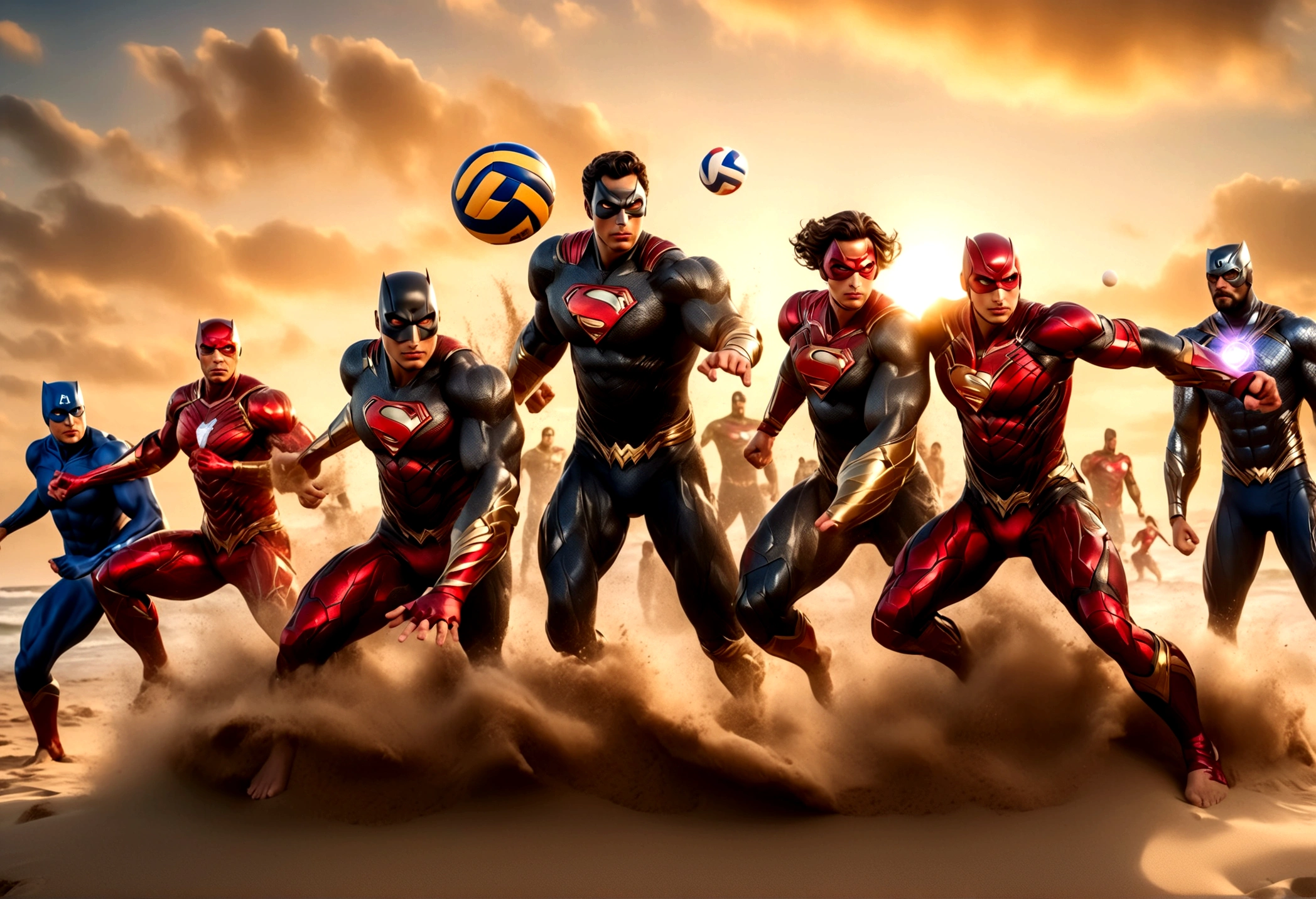 a group of superheroes playing volleyball on a beach, DC justice league vs marvel avengers, 5 players per team, relaxing super costumes, (best quality,4k,8k,highres,masterpiece:1.2),ultra-detailed,(realistic,photorealistic,photo-realistic:1.37),dramatic lighting, beautiful detailed eyes, beautiful detailed lips, extremely detailed eyes and face, long eyelashes, muscular athletic bodies, flying sand, ocean waves, golden sunset sky, vibrant colors, dramatic action poses