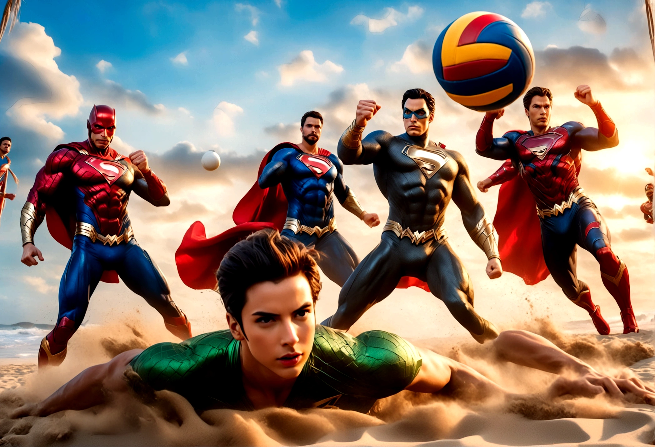 a group of superheroes playing volleyball on a beach, DC justice league vs marvel avengers, 5 players per team, relaxing super costumes, (best quality,4k,8k,highres,masterpiece:1.2),ultra-detailed,(realistic,photorealistic,photo-realistic:1.37),dramatic lighting, beautiful detailed eyes, beautiful detailed lips, extremely detailed eyes and face, long eyelashes, muscular athletic bodies, flying sand, ocean waves, golden sunset sky, vibrant colors, dramatic action poses