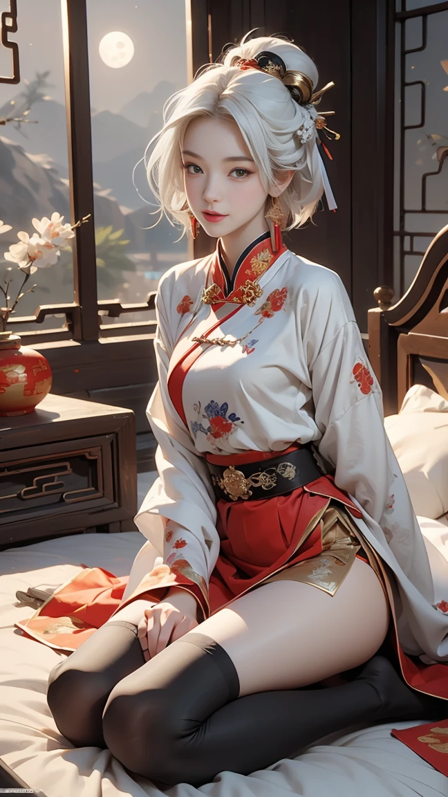 A very beautiful 19-year-old woman, (white hair:0,5), bob haircut, short hair, (yellow eyes:0.5) bright golden eyes, red nails, young beautiful face, muscular, slim but well-proportioned body, perfect white skin, highly detailed drawing, realistic face. (((Wearing traditional Chinese imperial clothes black,))) ((red skirt with contour golden,)) (with red Hanafuda earrings,) (garterbelt black thigh-high socks.) Kneeling on a white bed in an ancient Chinese room, with a full moon and stars visible through the window, with light flashes reflecting on her body. 4k anime art, perfect lighting.