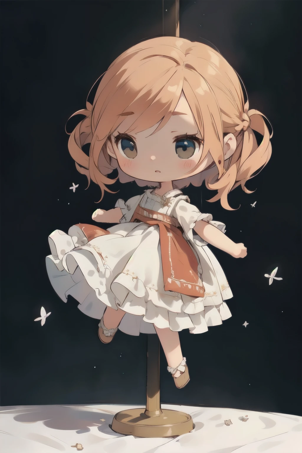 Chibi Girl Doll、Spinning gracefully、Dresses fluttering in the wind、Detailed facial features、Aggressive composition、Elegant hairstyle、Delicate feminine figure、Photorealistic、high quality、Ultra-realistic、Very detailed、Cinematic lighting、Warm color palette、Dramatic lighting、Complex fabric texture、Fluid movement、masterpiece