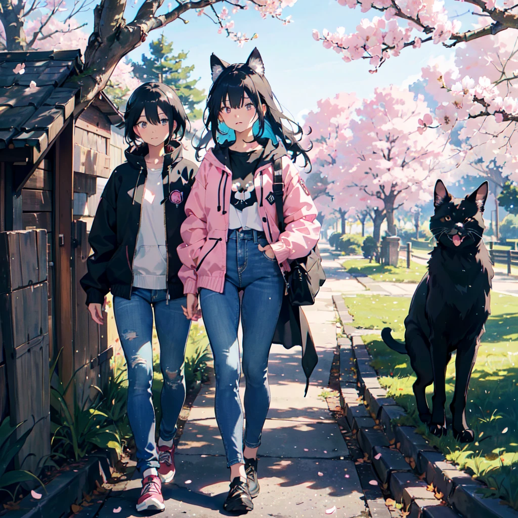 A 15-year-old girl with black cat ears and black hair, walking through a beautiful park filled with cherry blossom trees. She is wearing casual clothes: blue jeans, all-star shoes, and a white jacket with a crucifix design on the back. She has a thoughtful expression. Her right eye is dark blue, and her left eye is dark green. She has a strand of hair falling over the right side of her face, but it doesn't completely cover her right eye. The style should resemble anime art with vibrant and detailed colors, emphasizing her emotions. The scene is bathed in soft pinks and light, creating a serene and peaceful atmosphere as she walks among the blooming cherry blossoms.