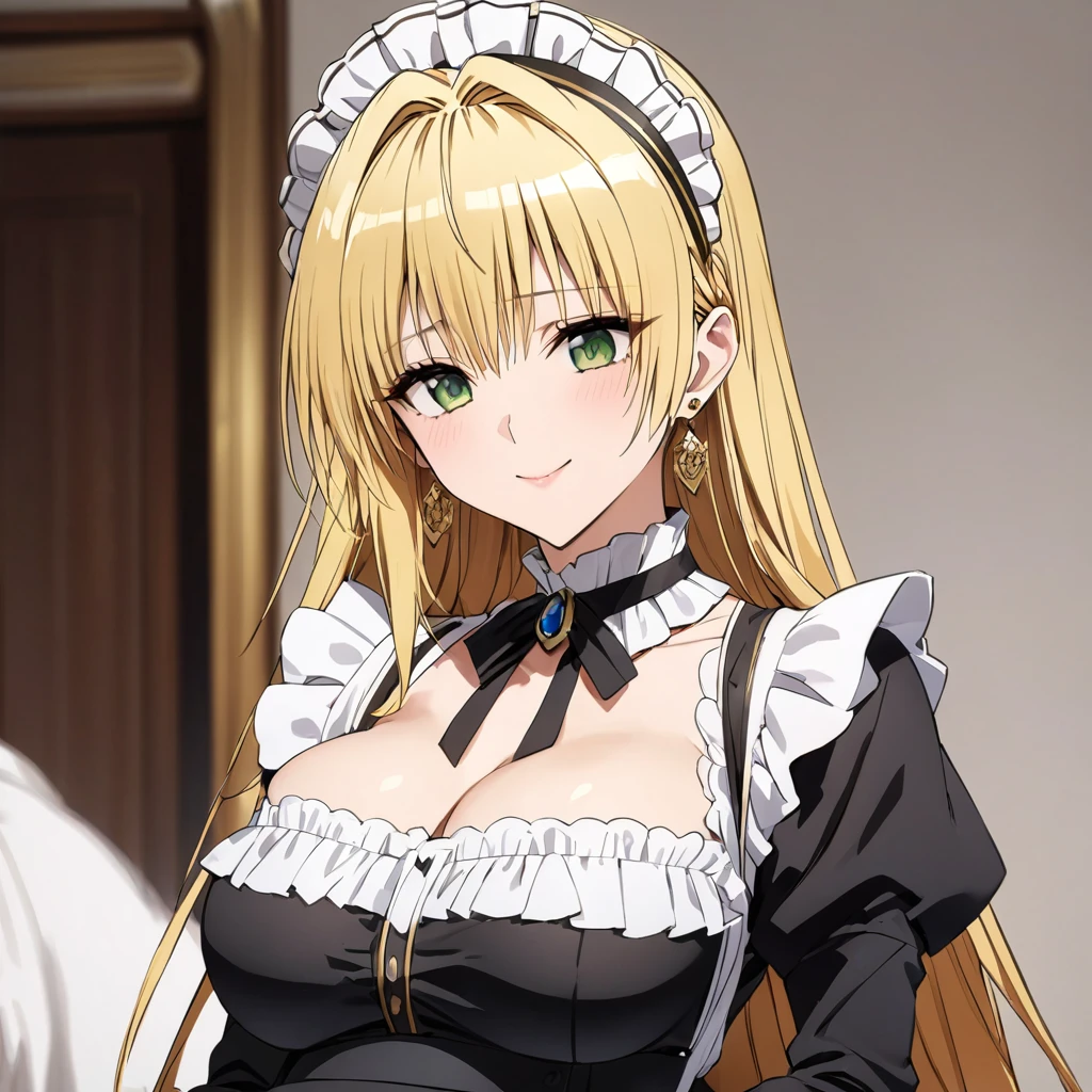 The luxurious and high-class Victorian maid outfit is evenly decorated with gorgeous gold embroidery and edging, and the blouse, apron, and headband also have gorgeous gold embroidery and edging.、((Highest quality)), ((masterpiece)), (detailed), (Perfect Face)、The woman is Tierre, with green eyes, medium-long blonde hair, a Victorian maid outfit and maid headband, jeweled earrings, and an engagement ring.、The woman is smiling fondly in a luxurious room、The Victorian maid uniform is a calm, old-fashioned type with long sleeves and a long skirt, decorated with luxurious gold embroidery and edging.、the woman is pregnant