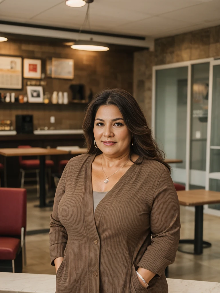RAW PHOTO, her name is Alejandra, high quality, 1 old woman, ((58-year-old plus sized body latina woman)), (((58 years old))), ((plus sized)), (((chubby body))), ((wrinkled body)), (((old body))), ((long hair)), wearing stylish fashionable office wear different colored, POSE: dynamic pose, BREAK, BACKGROUND: indoor: cafe scape, film grain