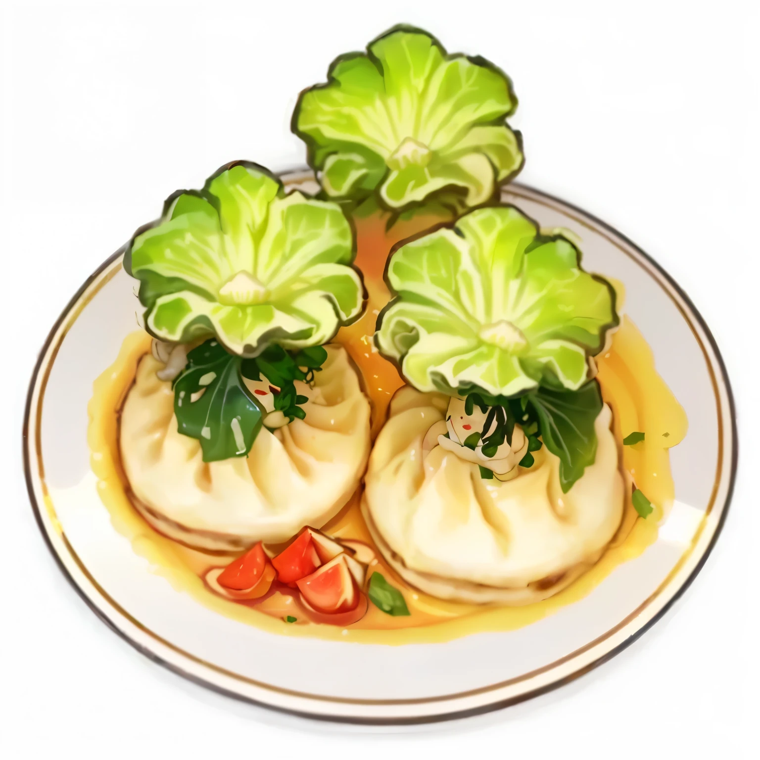 there are three Dumplings on a plate with a green leafy decoration, Baupnan, Steamed bun, Dumplings on a plate, Black person, ❤🔥🍄🌪, cover, Inspired by Roma, hua cheng, yun ling, Floating Chinese satire, Inspired by Cheng Zhengkui, Katagiichi, (Art Station)
