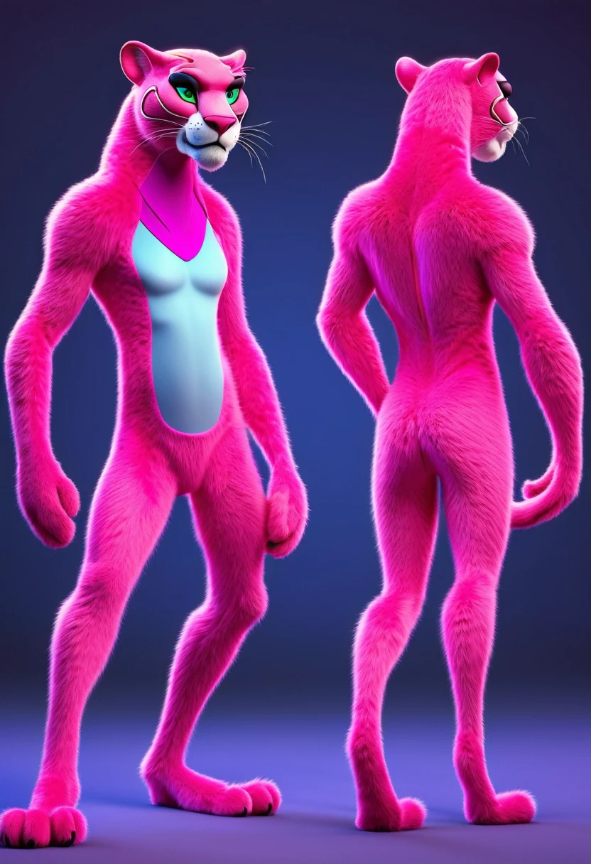 cartoon pink panther adult, with very thin, realistic and beautiful fur, with unusual, fun poses, 8k, detailed neon