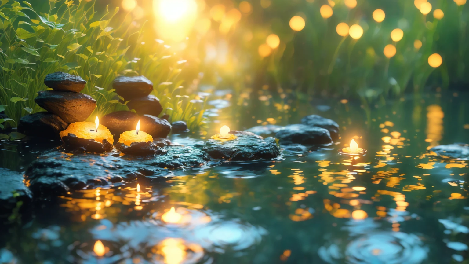 A candle is lit on a rock in a pond, Peaceful atmosphere, Zen Nature Background, Relaxed atmosphere, Quiet landscape, Relaxing environment, Quiet environment, Peaceful environment, Calm evening atmosphere, Peaceful and serene, Serene landscape, Peaceful atmosphere, Floating Candles, Quiet and peaceful atmosphere, relaxed mood, Tranquility, Magical Scene, Peaceful landscape, Peaceful mood, very Peaceful mood