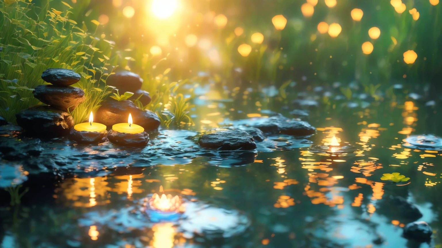 A candle is lit on a rock in a pond, Peaceful atmosphere, Zen Nature Background, Relaxed atmosphere, Quiet landscape, Relaxing environment, Quiet environment, Peaceful environment, Calm evening atmosphere, Peaceful and serene, Serene landscape, Peaceful atmosphere, Floating Candles, Quiet and peaceful atmosphere, relaxed mood, Tranquility, Magical Scene, Peaceful landscape, Peaceful mood, very Peaceful mood