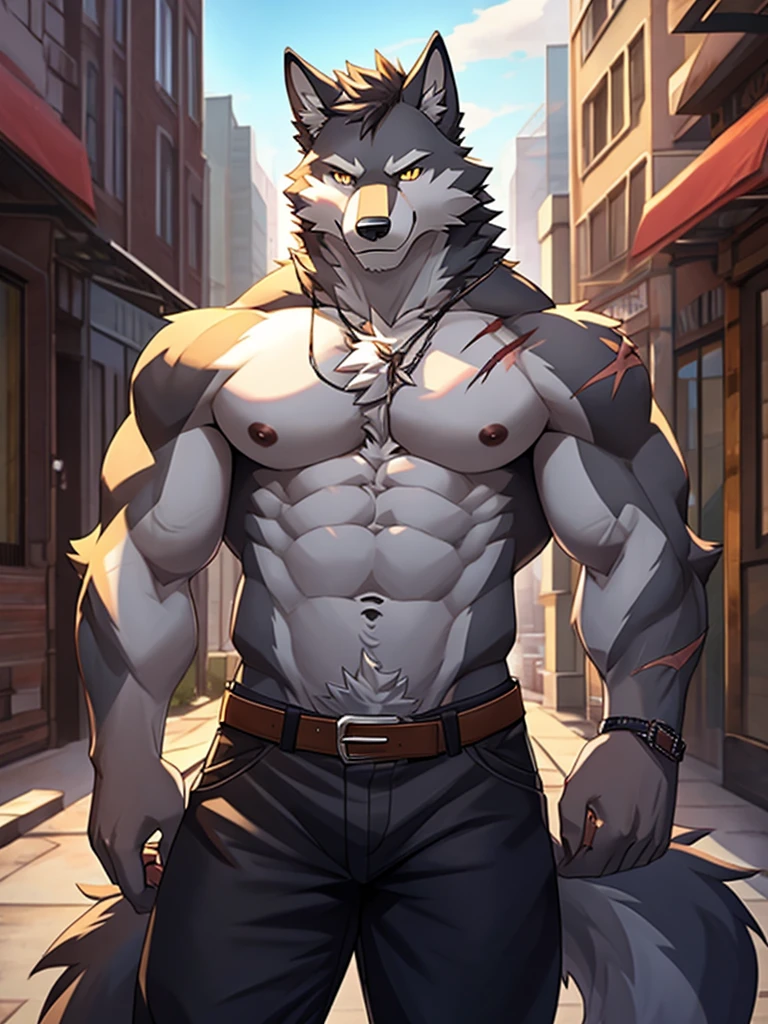 1boy, abs, animal ears, bara, belt, black pants, building, chest tattoo, city, cowboy shot, furry, furry male, grey fur, large pectorals, looking at viewer, male focus, muscular, muscular male, navel, nipples, outdoors, pants, pectorals, scar, solo, stomach, topless male, white fur, wolf boy, wolf ears, yellow eyes
