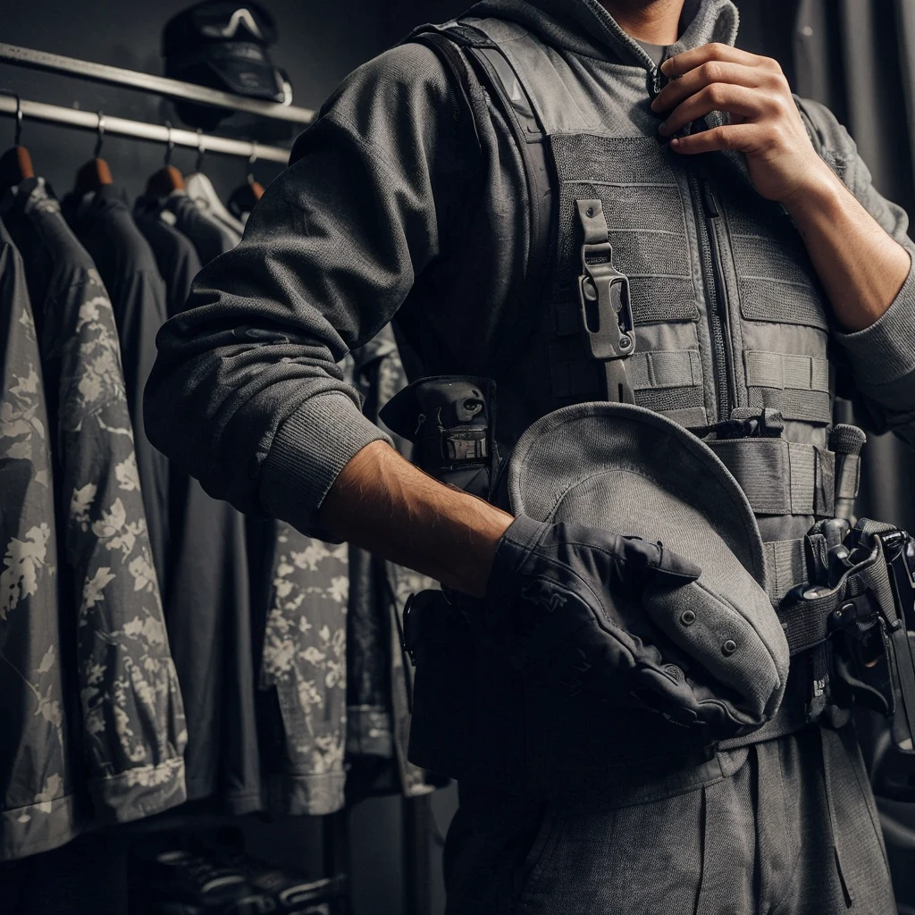 the hand of a man who is taking a hat, the arm is wearing a long-sleeved gray paintball uniform, the background is blurry in a paintball costume changing room decorated in gray, realistic, cinematic, very detailed, intricate design