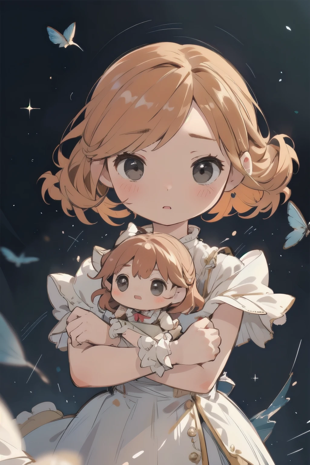 Chibi Girl Doll、Spinning gracefully、Dresses fluttering in the wind、Detailed facial features、Aggressive composition、Elegant hairstyle、Delicate feminine figure、Photorealistic、high quality、Ultra-realistic、Very detailed、Cinematic lighting、Warm color palette、Dramatic lighting、Complex fabric texture、Fluid movement、masterpiece