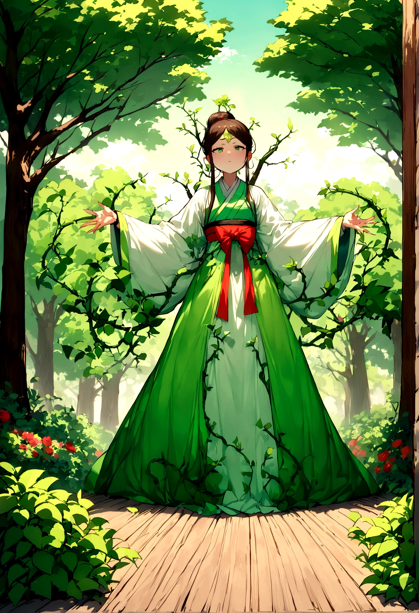 (masterpiece), (best quality), Cinema quality,Rendered by Octane,extreme detailed details,1 person,A young man's face,Facial details,Perfect facial features,(Trees are growing like crazy:1.5),map,wood chips,splash,The air is filled with green toxic gases,particle,vines flying, gaze, Watch the audience, Chinese Hanfu,(Full body female love :1.3),, (Behind him,There is a huge green plate:1.5)