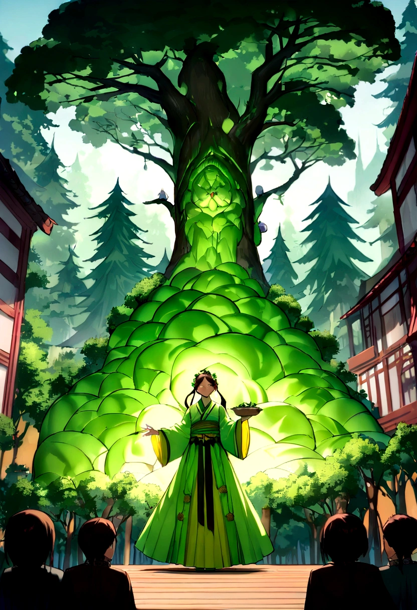 (masterpiece), (best quality), Cinema quality,Rendered by Octane,extreme detailed details,1 person,A young man's face,Facial details,Perfect facial features,(Trees are growing like crazy:1.5),map,wood chips,splash,The air is filled with green toxic gases,particle,vines flying, gaze, Watch the audience, Chinese Hanfu,(Full body female love :1.3),, (Behind him,There is a huge green plate:1.5)
