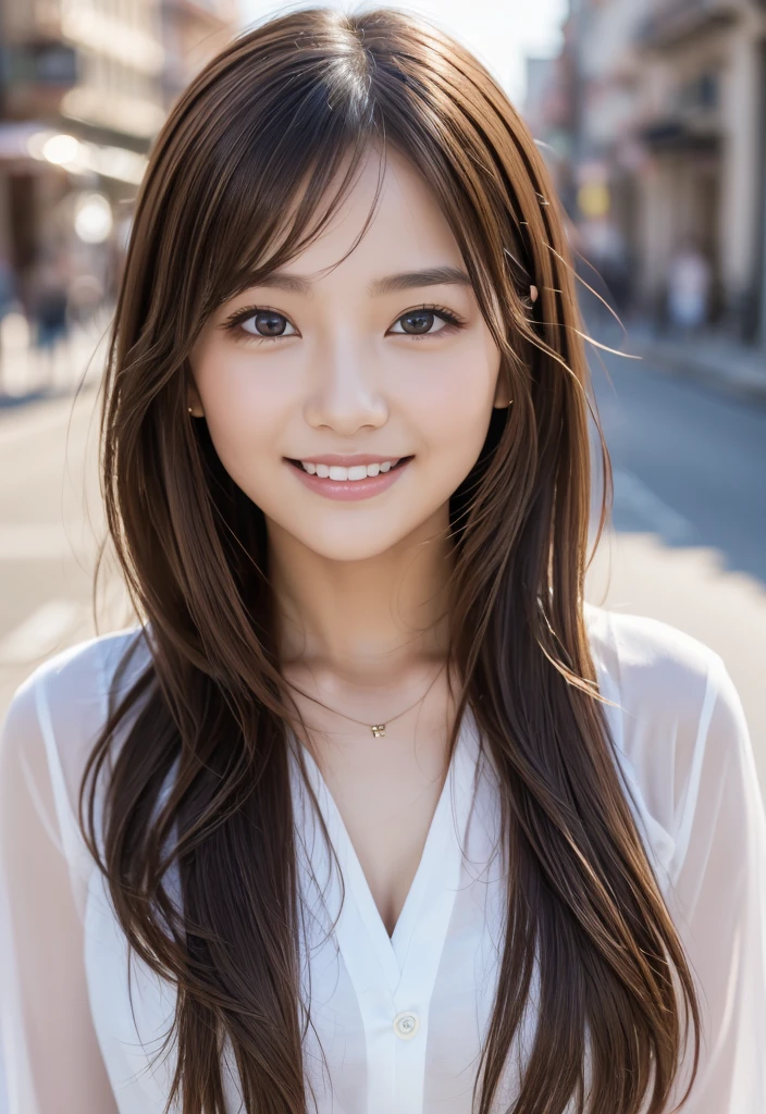 (masterpiece, Highest quality:1.1), (8K, RAW Photos, Photo Real:1.2, f22), (Shiny skin), Detailed skin,Long Hair,ribbon,Detailed face, Fine grain,smilee,break, Real World, Intricate details, smile, break, One girl, whole body,(All-in-one,brown)break, (Morning City:1.4)