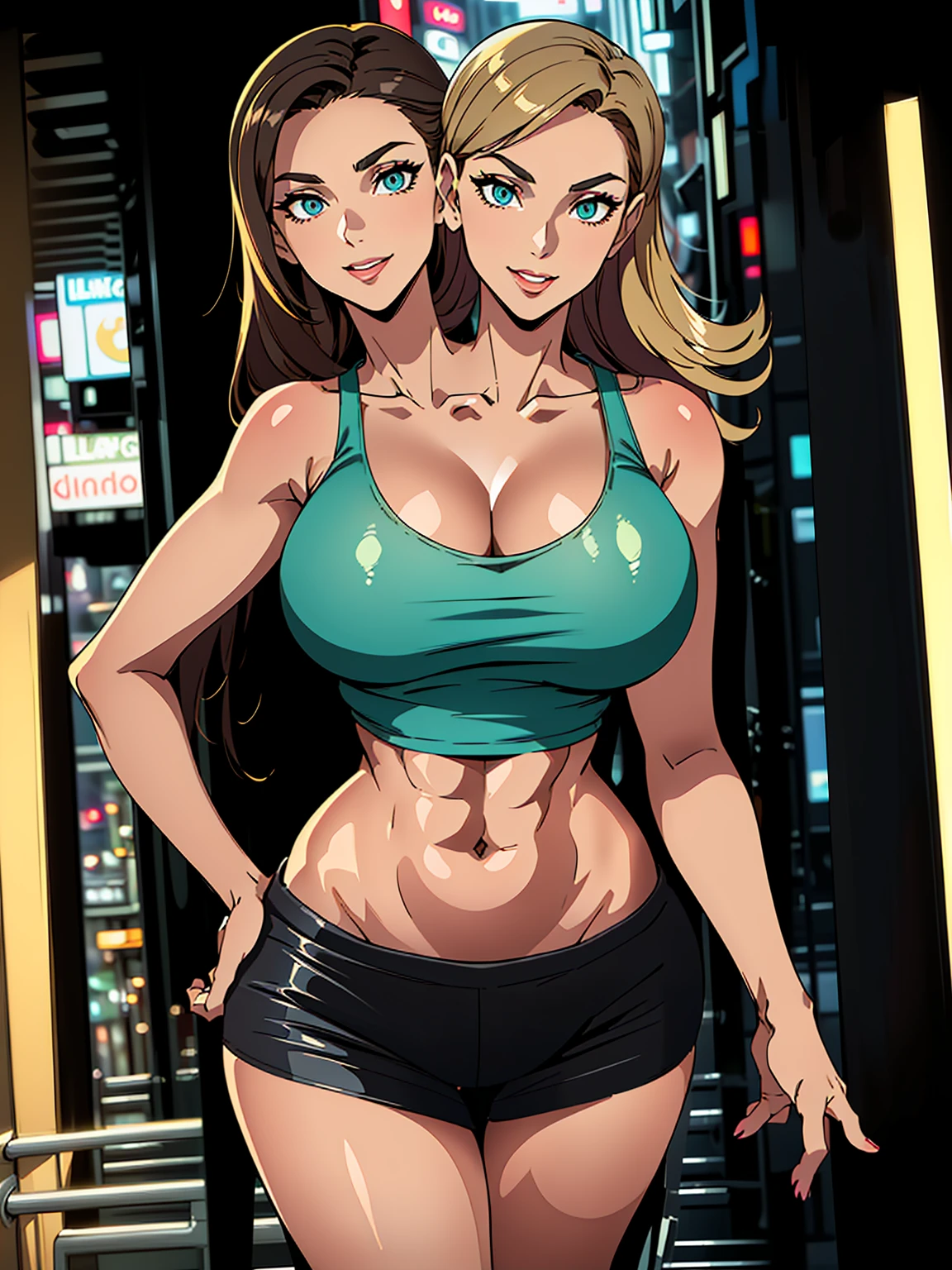 (masterpiece),best quality:1.5, ultra-detailed, high resolution, high quality, 16K, ((2heads:1.5)), ((brown hair)), ((blonde hair, (different hair colors), long hair, (bikini), (1girl), conjoined twins, ((black tank top)) (midriff-revealing tank top), (sexy silhouette), futuristic city street, lustrous and smooth skin, (mature woman), seductive silhouette, ((slim hips)), casual hot pants , sexy proportions, Beautiful girl with accentuated slender abs, seductive woman, lustrous woman, (detailed eyes), seductive smile