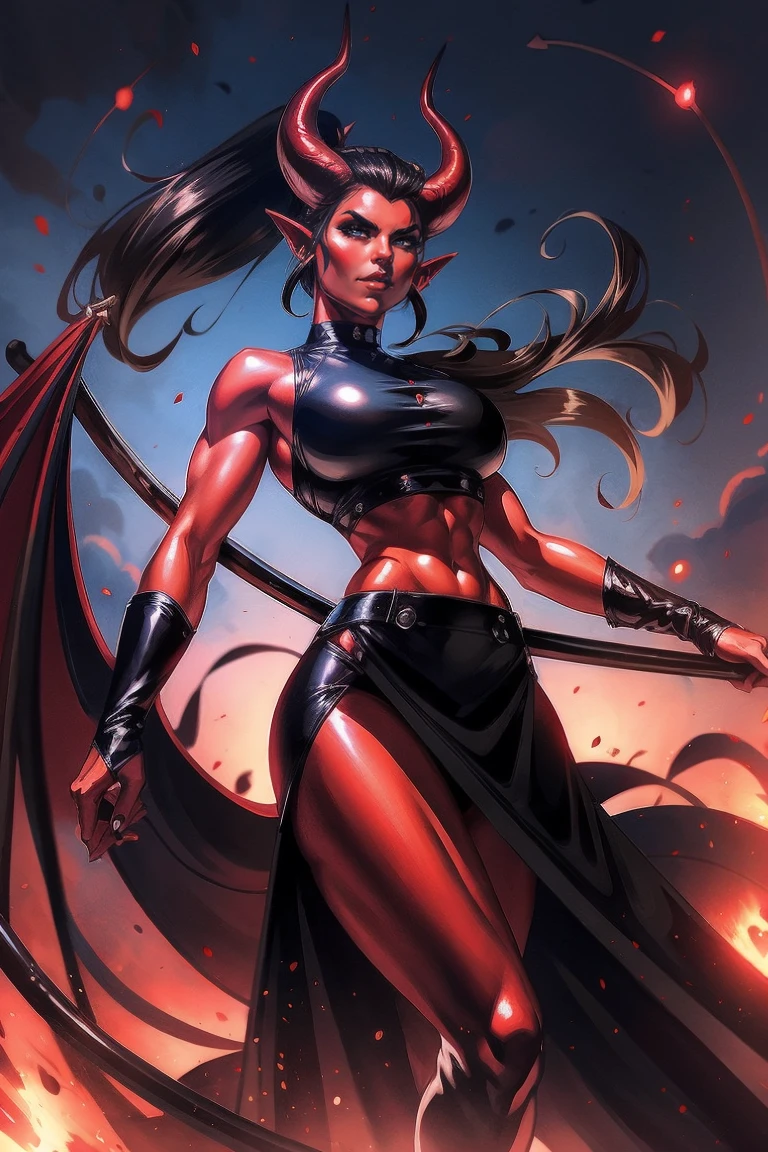 Red skin succubus tiefling, medium breasts, black horns, wings, huge tail, black leather, crop top, long flowing pelvic curtain, tall, toned, graceful, thin, long black ponytail. Action scene, whip. Dark scene, explosions, night sky.
