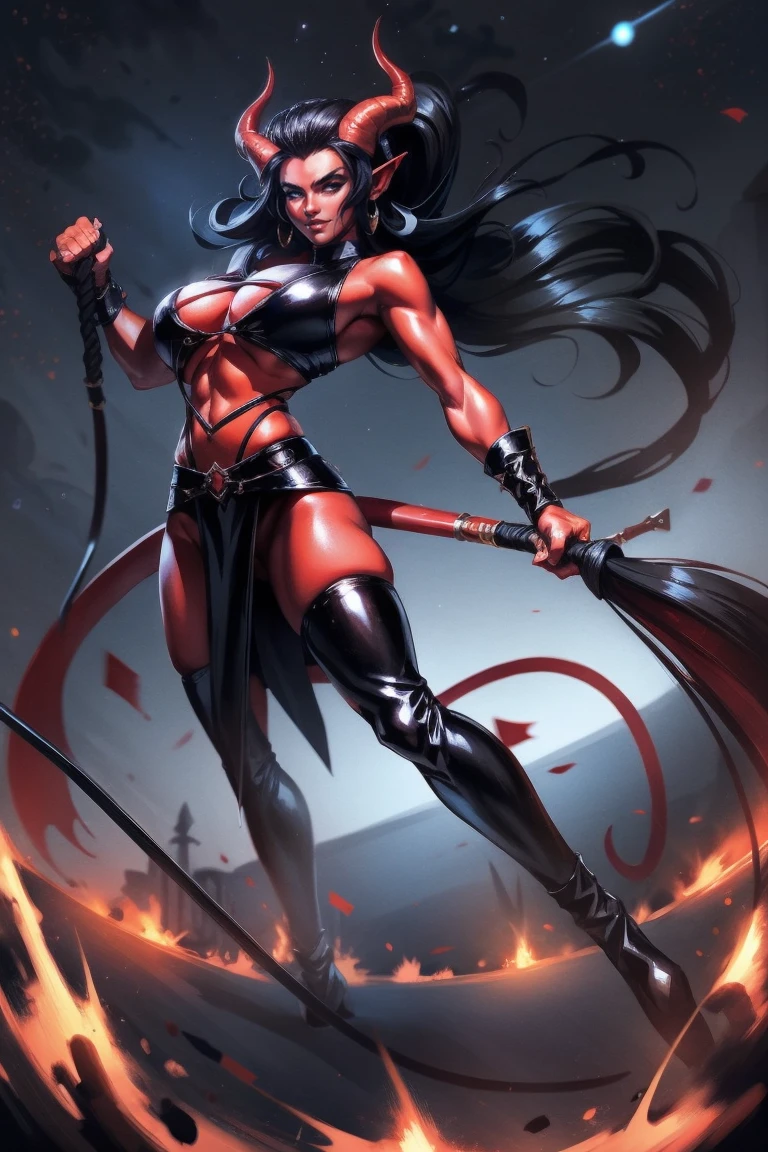 Red skin succubus tiefling, medium , black horns, wings, huge tail, black leather, crop top, long flowing pelvic curtain, tall, toned, graceful, thin, long black ponytail. Action scene, whip. Dark scene, explosions, night sky.