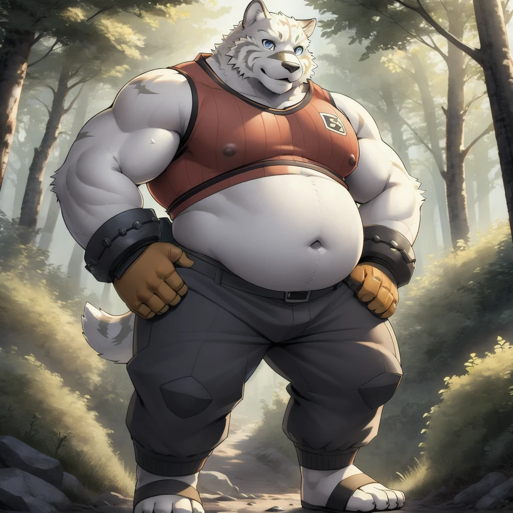 Animal kingdom Tank Hero Academia Shonen Anime style, full body image, Casual, neighborhood style, big obese teen, in sport clothes, He is a huge obese Sumo in huge obese weight gain process, detailed face, detailed eyes, detailed nose, defined face, big belly, high resolution settings, settings to fix face, high resolution settings, face fix settings, Whismical model, detailed eyes, detailed hands best quality,realistic lighting, male, anthro,muscular, muscular male, solo, bodily fluids, abs, pecs, muscular anthro, hi res, nipples, detailed background, forest, (yohei:1.2), (perfect eyes:1.2),white fur,  (ultra detailed paws)