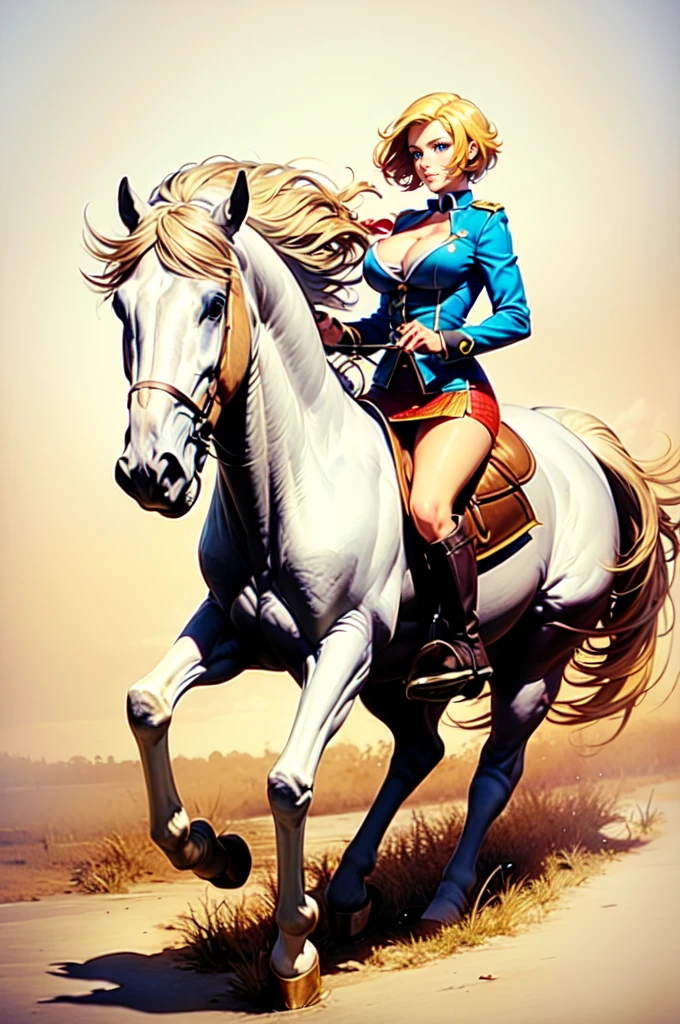 ((best quality)), ((anime masterpiece)), (high detailed), 8k, cinematic lighting, perfect face, large breast, cleavage, blue eyes, 1girl riding a WHITE HORSE, short hair, pixie cut, {blonde hair}, (sexy uniform, miniskirt, bare legs, black boots), [white horse, saddle, reins, bridle, stirups], solo, FULL BODY, both hand holding rein, (from side: 1.2), anatomically correct
